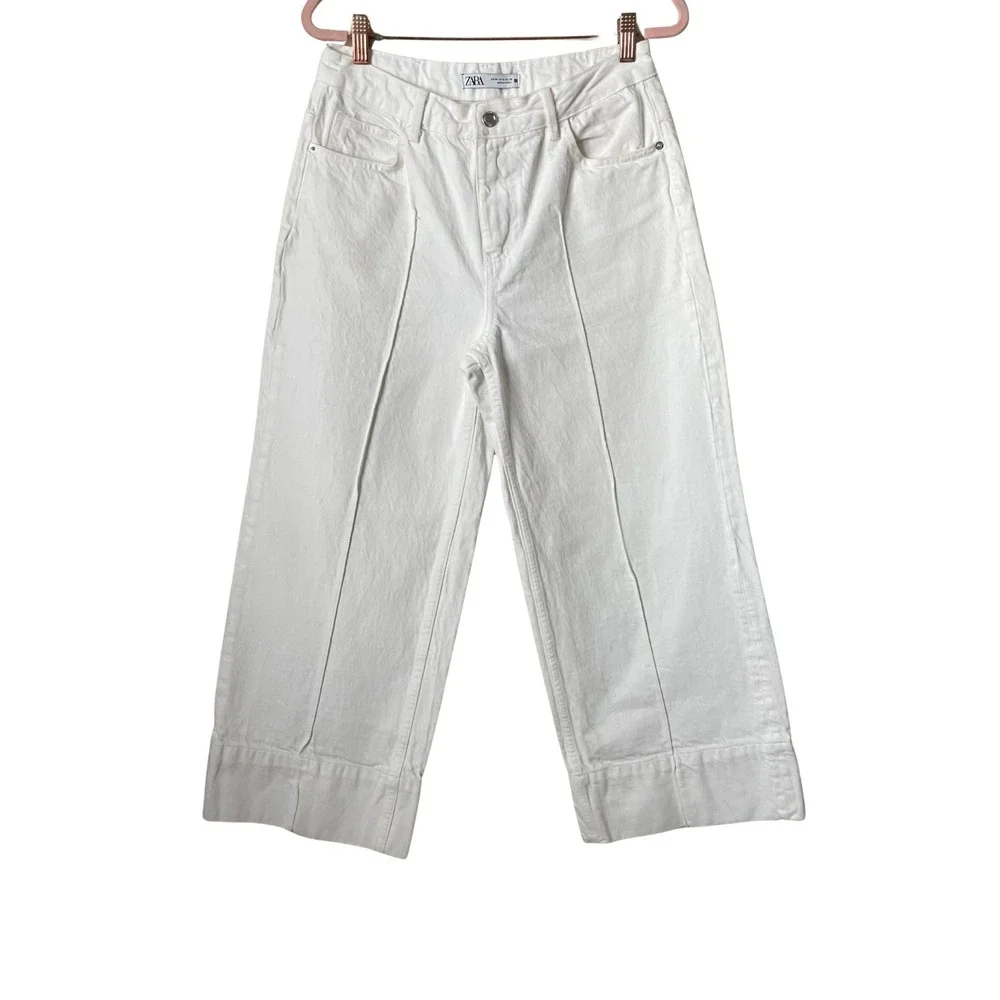 Zara‎ Jeans Womens Size 6 White High Rise Wide Leg Cropped Culotte Front Seam